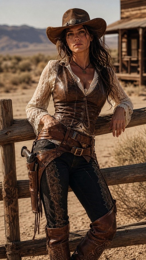 A realistic portrait of a cowgirl wearing a brown hat, leather vest, and boots, leaning against a wooden fence with a revolver holster in a desert setting.