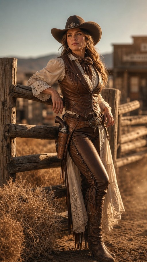 A woman in a cowboy hat and brown leather vest leans against a wooden fence with a revolver holster.