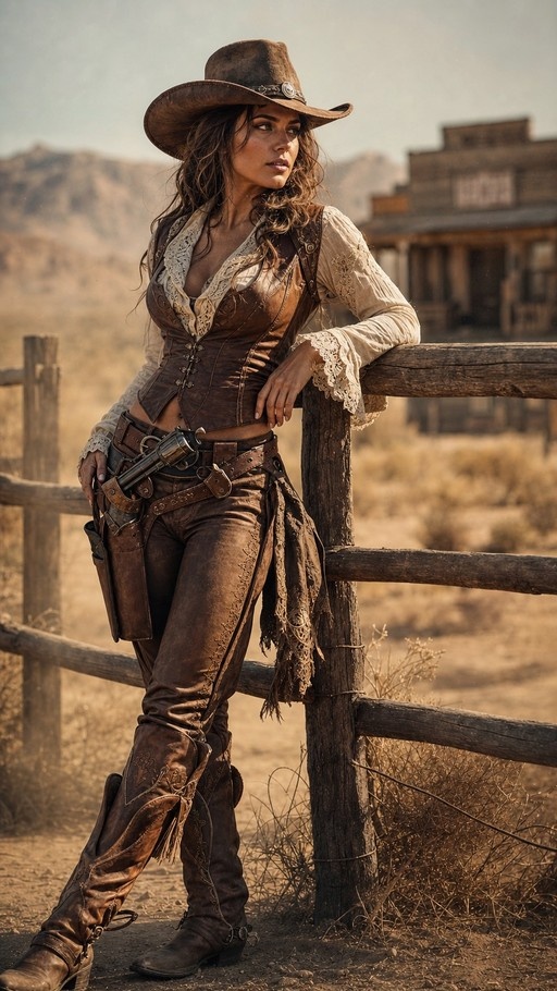 A cowgirl in a brown cowboy hat and leather corset leans against a wooden fence with a revolver at her hip in a dusty western setting.
