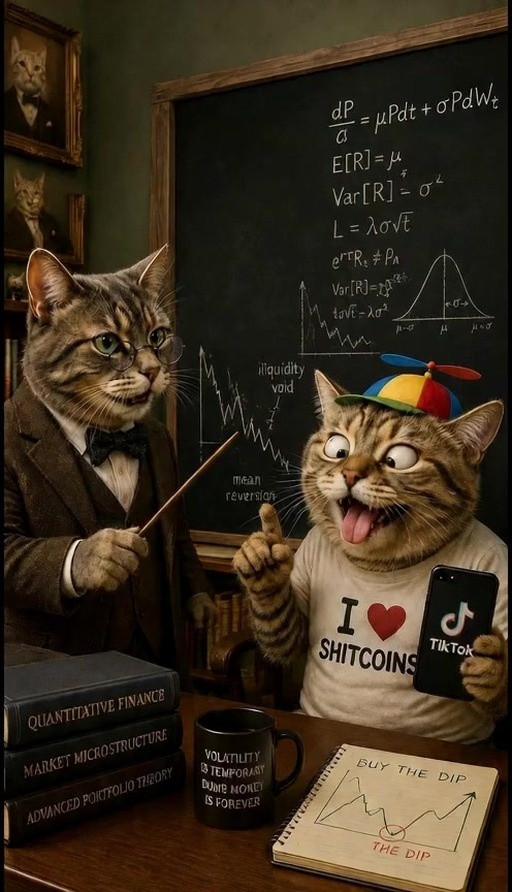 An anthropomorphic professor cat in a suit points to financial equations on a chalkboard while a goofy wall-eyed cat in a propeller hat holds a smartphone displaying TikTok.
