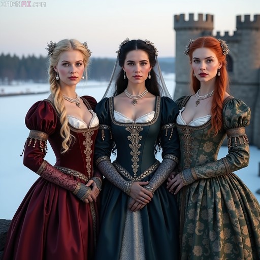 Three women in ornate medieval dresses standing in front of a snowy castle.