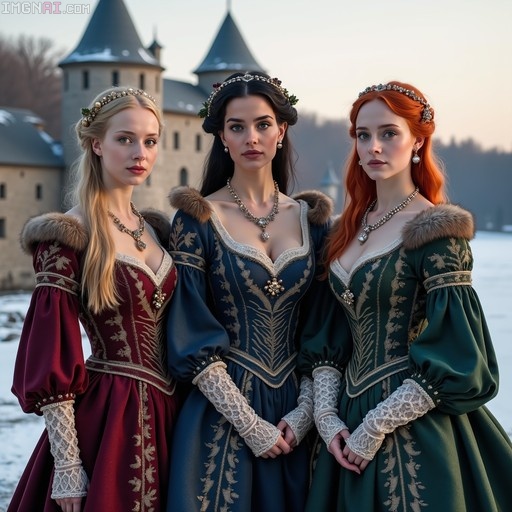 Three women in medieval dresses standing in snow near a castle