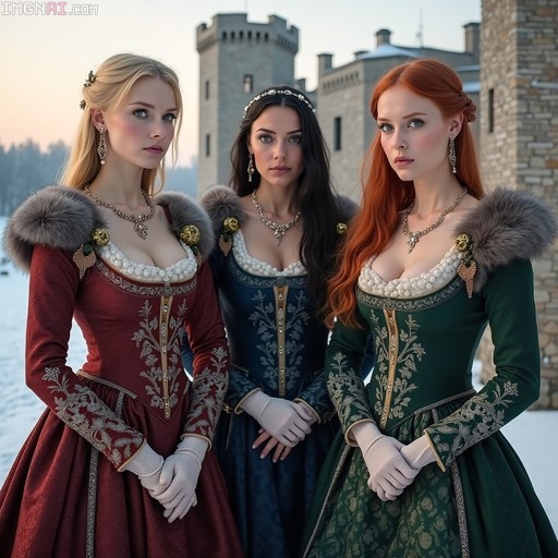 Three women in colorful medieval dresses with fur collars standing in the snow near a castle.