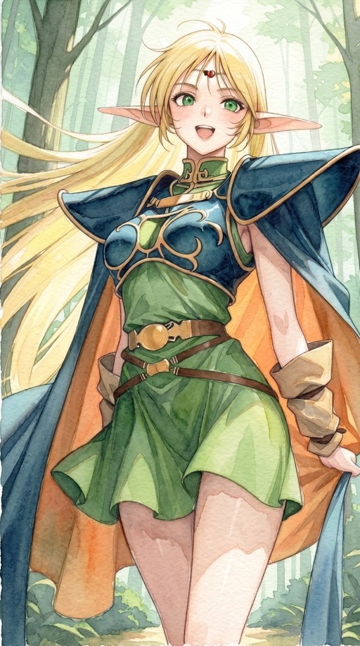 Deedlit from Record of Lodoss War standing in a sunlit forest wearing her signature blue armor and cape.