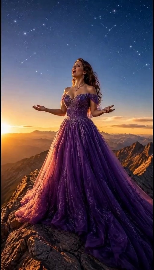 A woman in a purple gown sings on a mountain peak under a starry sky.
