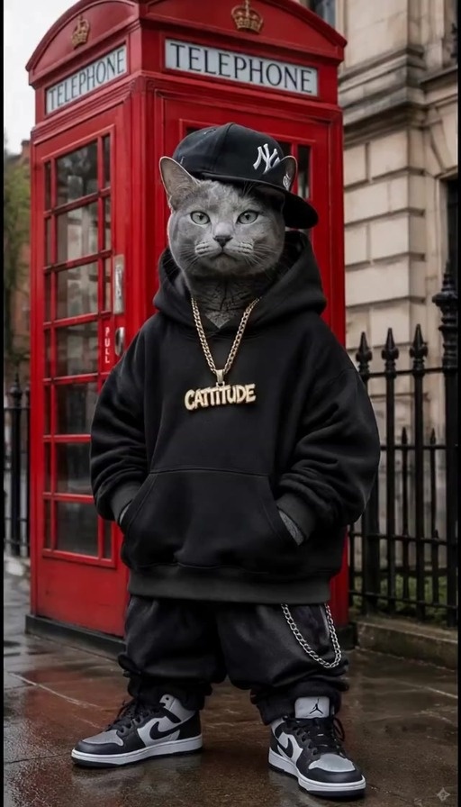 An anthropomorphic grey cat wearing a black hoodie with CATTITUDE text, a baseball cap, and gold chains stands in front of a red telephone booth while performing rap gestures.