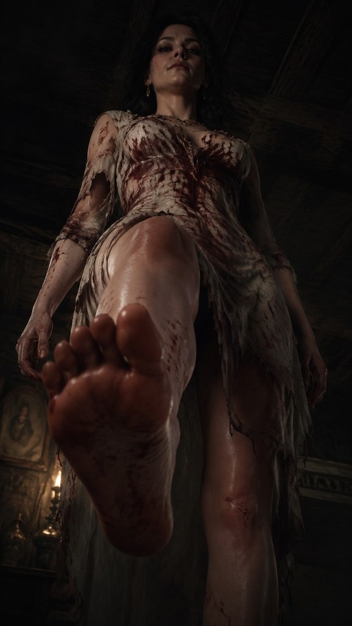 A low-angle view of a barefoot woman in a blood-stained torn white dress stepping forward with her foot extended towards the camera in a dark room.