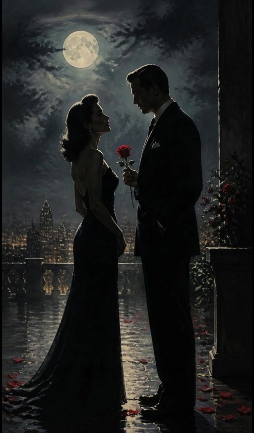 A man in a suit holds a red rose while standing next to a woman in a black dress on a moonlit balcony overlooking a city at night.