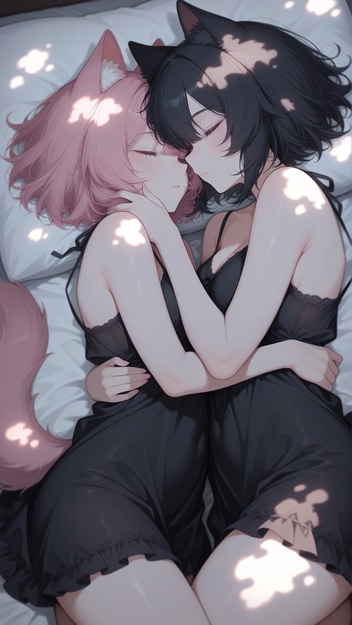 Two anime girls with animal ears, one pink-haired and one black-haired, kissing while lying in bed together under dappled sunlight.