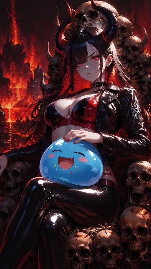 A horned demon girl with black hair and red eyes sits on a pile of skulls holding a large smiling blue slime creature against a backdrop of fire and lava.