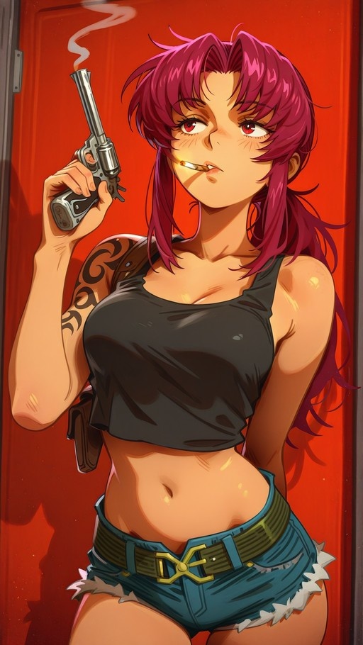 A digital illustration of the anime character Revy from Black Lagoon with pink hair and red eyes, wearing a black crop top and denim shorts while holding a silver revolver and smoking a cigarette against a red background.