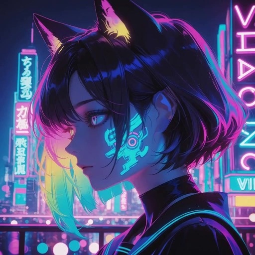 A profile view of a cyberpunk cat-girl with glowing face markings and rainbow hair singing against a neon-lit city background.