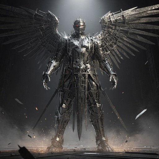 A towering armored figure constructed from metal swords stands with large mechanical wings spread wide, featuring glowing red eyes amidst floating sparks.