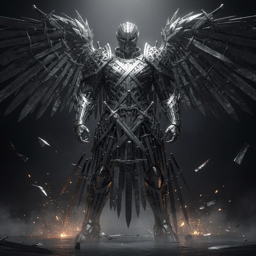 A full-body digital illustration of a knight in armor constructed from swords, featuring large wings made of blades and standing amidst floating embers and debris.