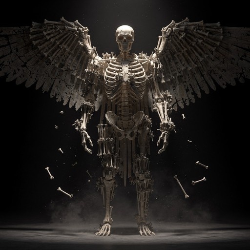 A towering skeletal figure with massive bone-like wings stands against a black background, surrounded by floating loose bones.