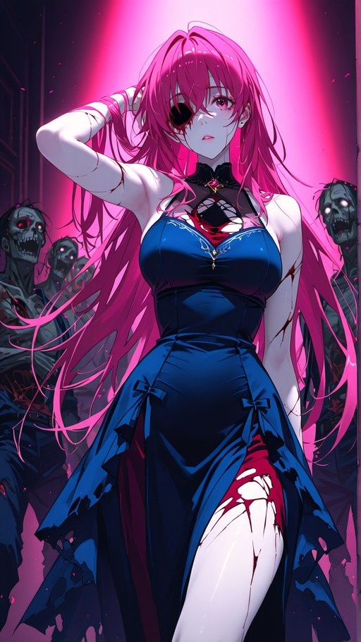 Pink-haired anime girl with eyepatch in torn blue dress surrounded by zombies