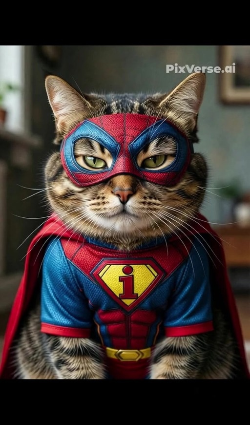 A tabby cat wearing a red and blue superhero costume with an 'i' logo sits at a small keyboard in a living room.