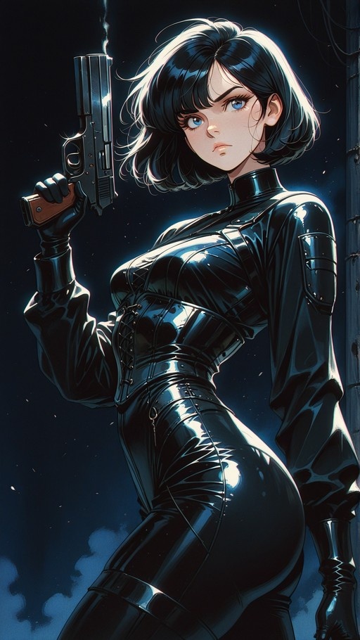 Selene from Underworld with short black hair and blue eyes wearing a shiny black bodysuit holds a smoking pistol against a dark background.