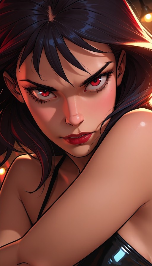 Close-up portrait of a woman with dark hair and striking red eyes, illuminated by warm light.