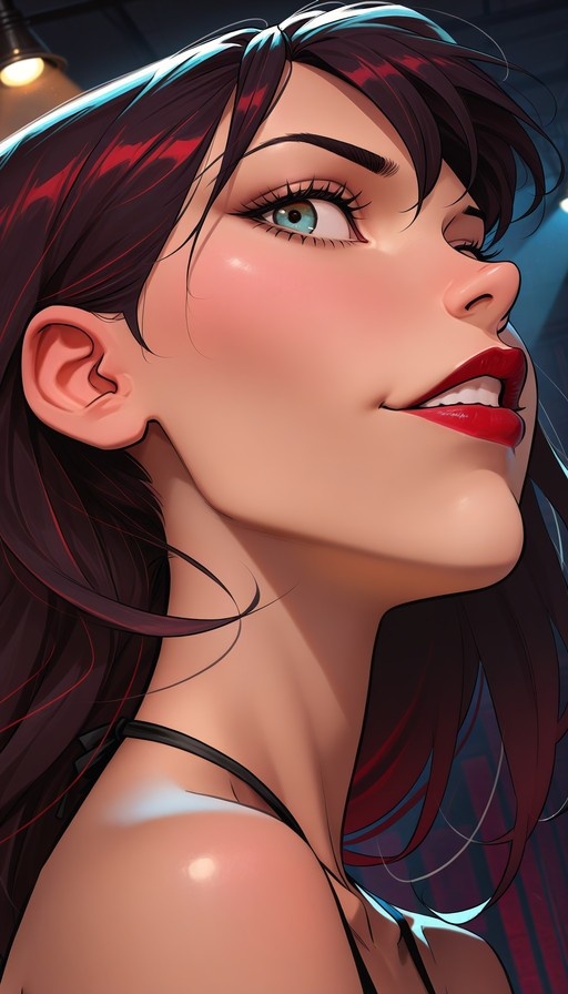 A close-up digital illustration of a young woman with long dark hair and red highlights, winking one eye while smiling with bright red lipstick.