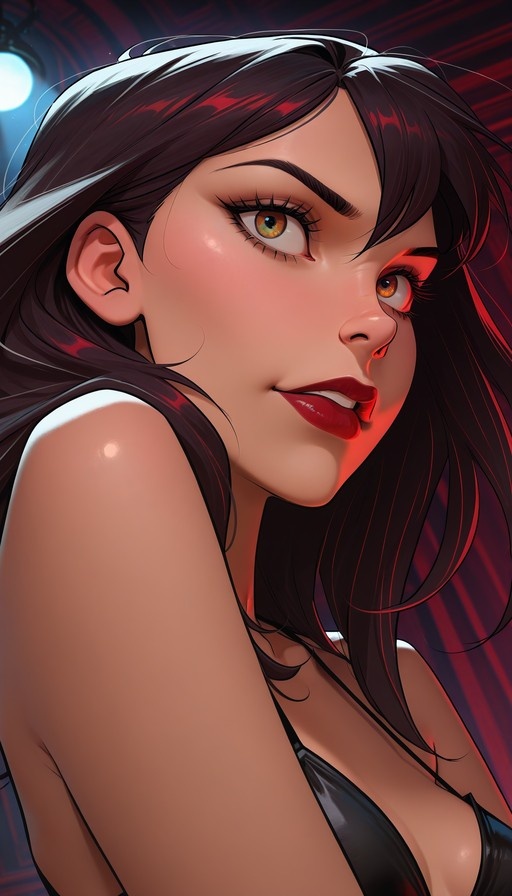 Close-up digital painting of a woman with long dark hair and amber eyes wearing red lipstick, lit by red and blue lights.