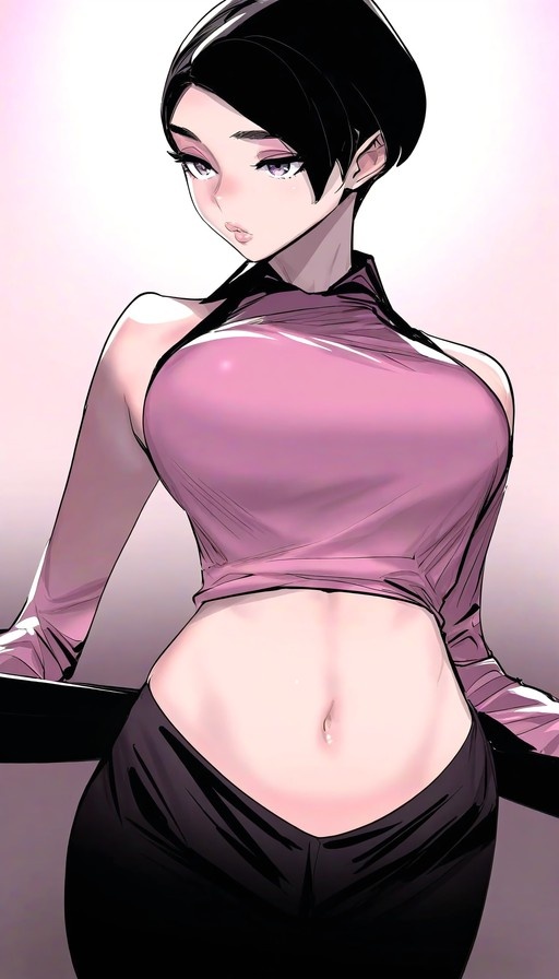 Anime girl with short black hair and purple eyes wearing a tight pink high-neck crop top and long sleeves, leaning back and looking to the side.