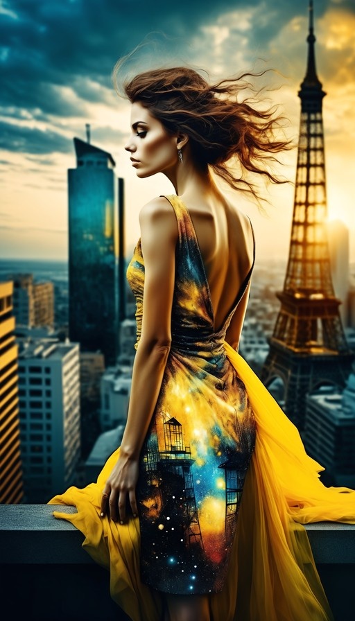 A woman in a yellow galaxy-print dress stands on a balcony with the Eiffel Tower and Paris skyline in the background.
