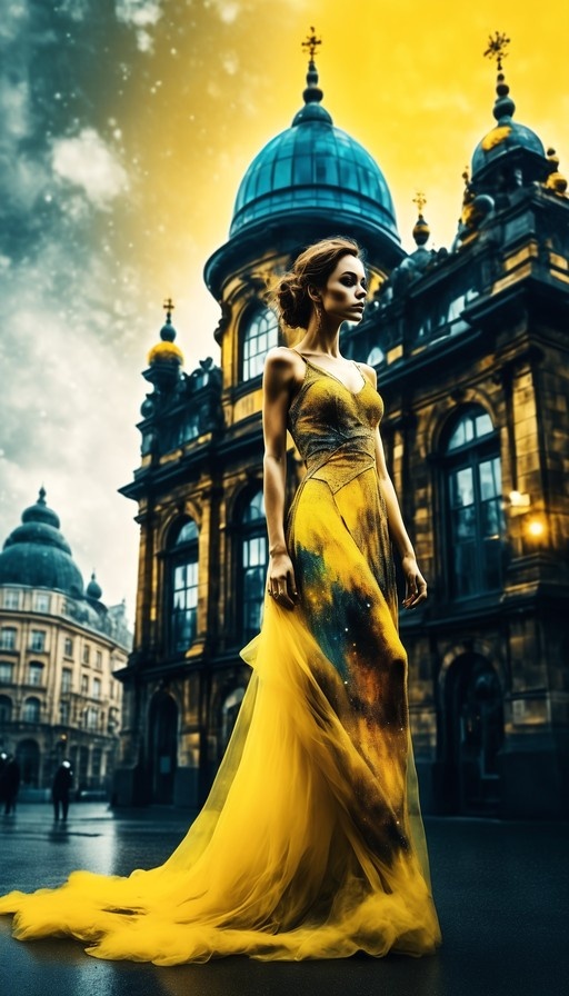 A woman stands on a wet city street wearing a long yellow dress with a galaxy pattern on the bodice, set against a backdrop of buildings with blue domes.