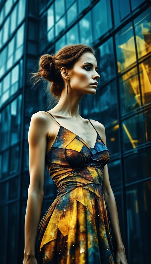 A woman in a blue and gold galaxy print dress stands before a modern glass building.