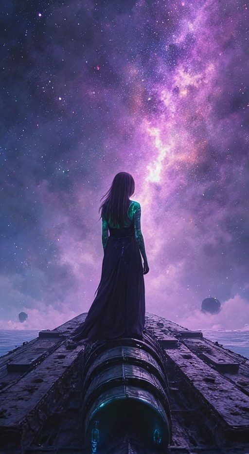 A woman with long dark hair stands on a metallic spacecraft hull, looking up at a vibrant purple and pink nebula in deep space.
