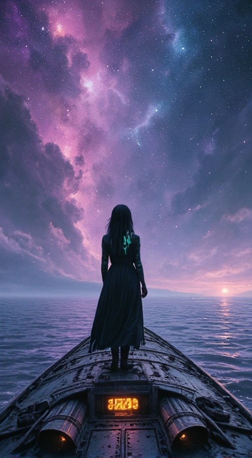 A girl in a dark dress stands on the bow of a spaceship looking up at a purple starry nebula over an ocean.