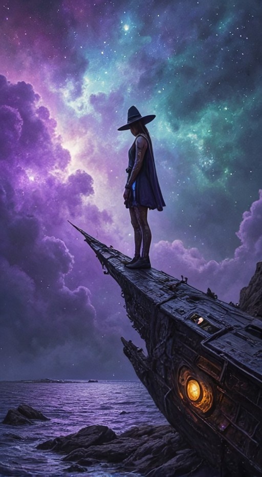 A lone witch in a wide-brimmed hat stands on the prow of a large ship resting near rocks, overlooking an ocean under a vibrant purple and teal nebula-filled night sky.