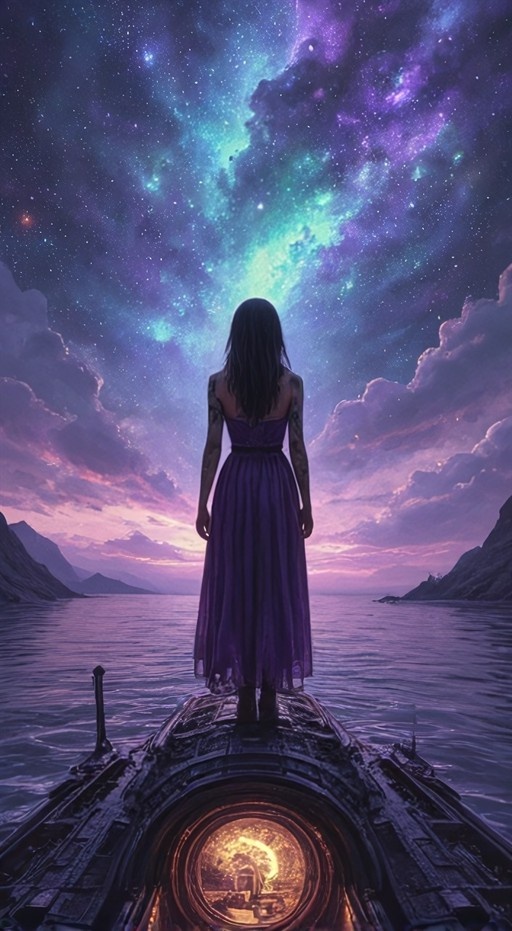 A woman with long black hair wearing a purple dress stands on the bow of a boat, facing away from the viewer and gazing up at a vibrant starry night sky filled with nebulae.