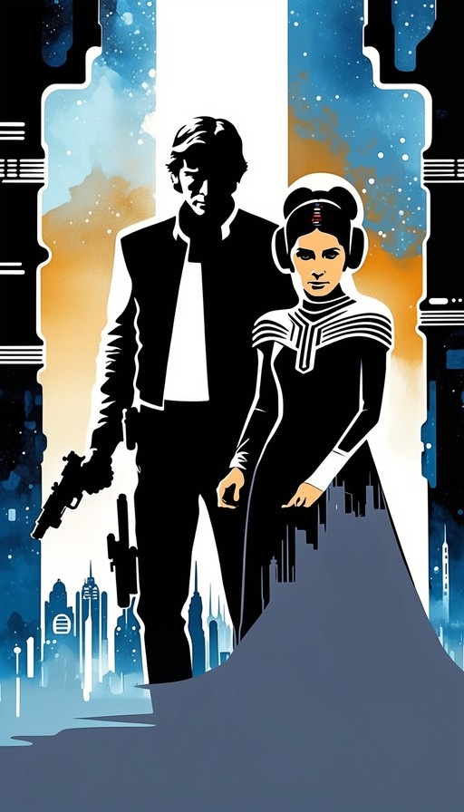 Stylized illustration of Han Solo holding a blaster and Princess Leia in her signature gown against a blue and orange starry sky.