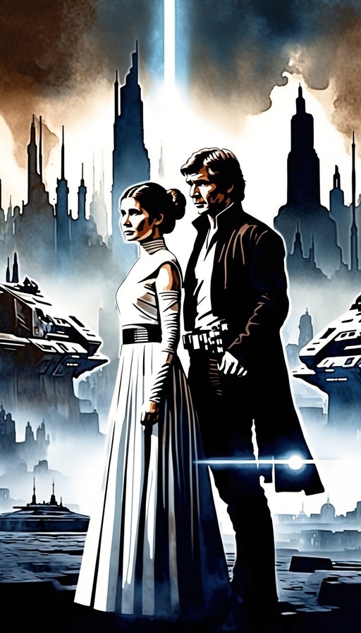 Princess Leia and Han Solo standing back-to-back in a stylized illustration with a futuristic city skyline.