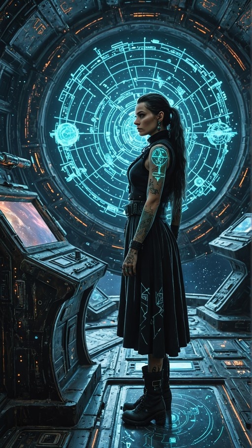 A side view of a tattooed woman in a black dress standing in a sci-fi ship bridge with a glowing blue star map behind her.