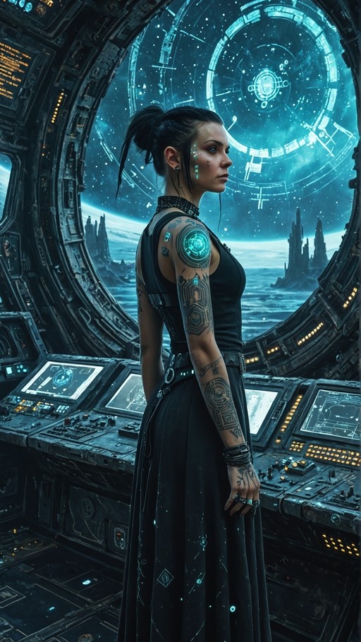 A dark-skinned woman with tattoos and a glowing blue device on her arm stands in profile inside a spaceship cockpit, looking out at a starry planet through a large round window.