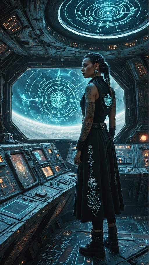 A tattooed woman with braided hair in a black dress stands in a spaceship cockpit looking out at a planet and holographic displays.