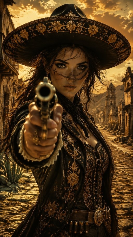 A woman in a black embroidered sombrero and western attire aims a revolver directly at the viewer against a backdrop of an old town street.
