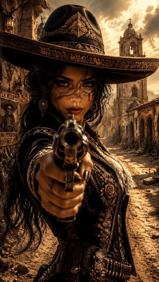 A woman with sugar skull face paint and a black sombrero aims a revolver at the viewer in a dusty Mexican town.