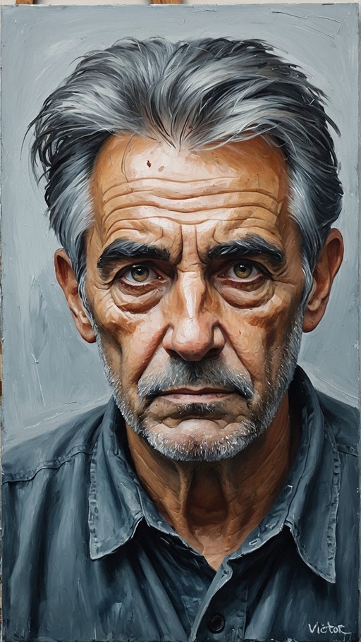 A realistic painting of an elderly man with grey hair and a beard looking directly at the viewer. He has deep wrinkles on his forehead and wears a dark blue collared shirt. The artist's signature "Victor" is visible in the bottom right corner.