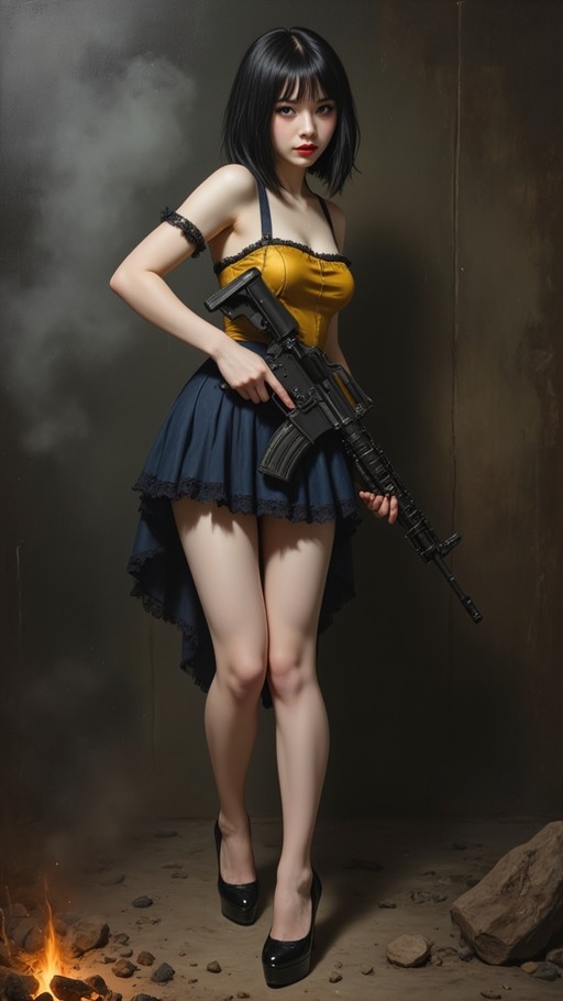 A full-body shot of a woman with short black hair holding an M4-style rifle, wearing a yellow top and blue skirt, standing near a small fire in a dark room.