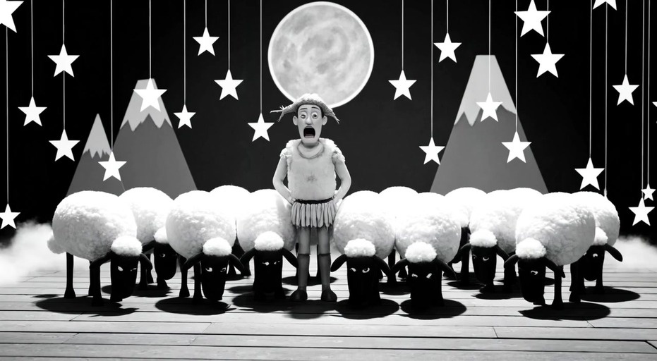 Stop-motion animation of a shepherd and sheep performing on a stage with hanging stars and a moon backdrop.