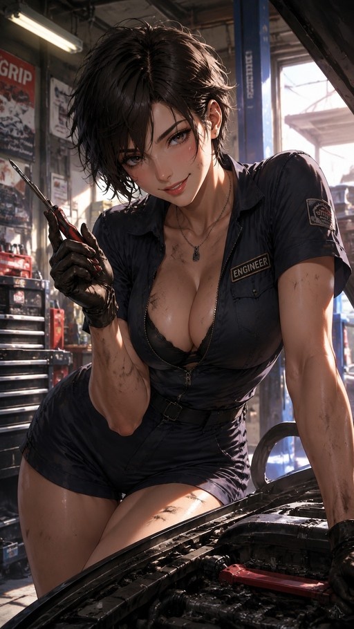 A young woman with short dark hair wearing a dirty black engineer's jumpsuit and gloves leans over an open car engine while holding a screwdriver in a sunlit garage.