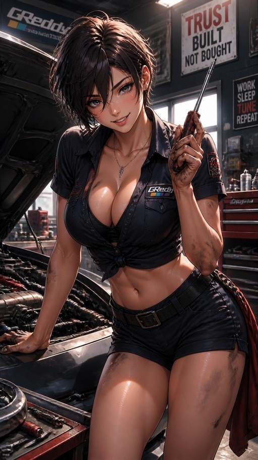 Female mechanic with short dark hair leaning on a car hood holding a screwdriver in a garage.