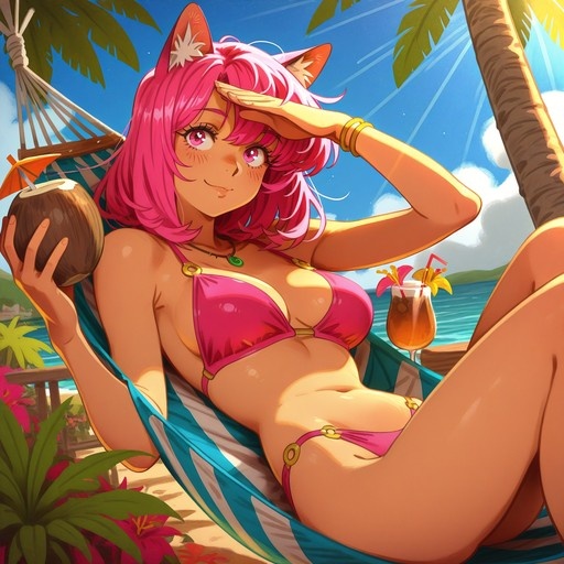 A pink-haired anime girl with cat ears relaxes in a beach hammock holding a coconut.