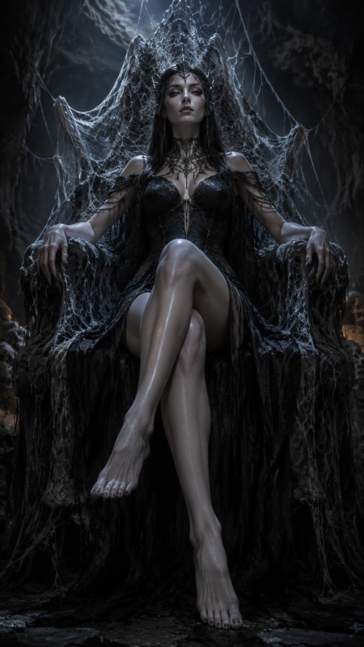 A pale woman with long black hair sits barefoot on a large throne covered in spiderwebs, wearing a black dress and looking at the viewer.
