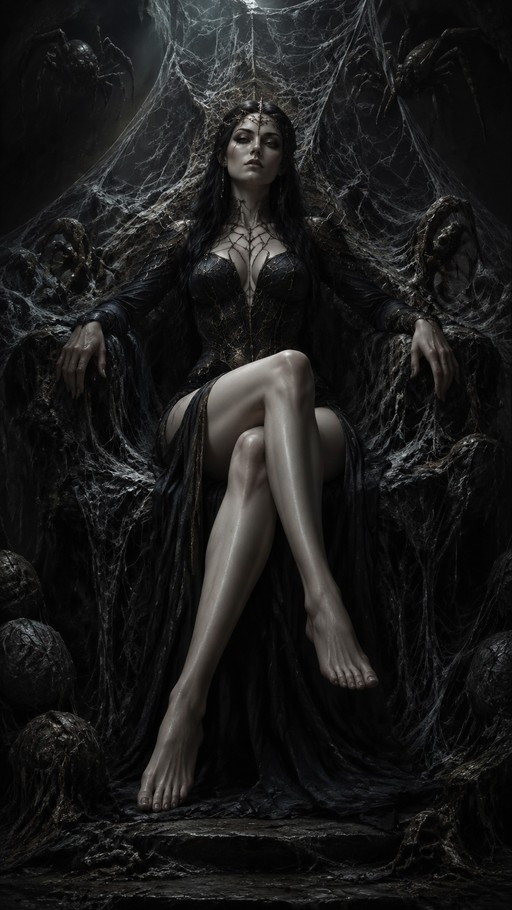 A pale woman with long black hair sits cross-legged on a dark throne covered in thick spiderwebs and large spiders, wearing a black silk dress and a delicate crown.