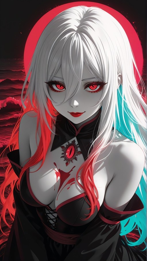 Anime vampire girl with white hair and red eyes standing under a blood moon