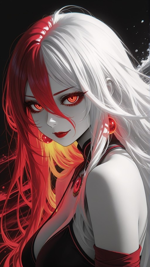 Close-up portrait of an anime girl with split red and white hair and red eyes wearing large red earrings.